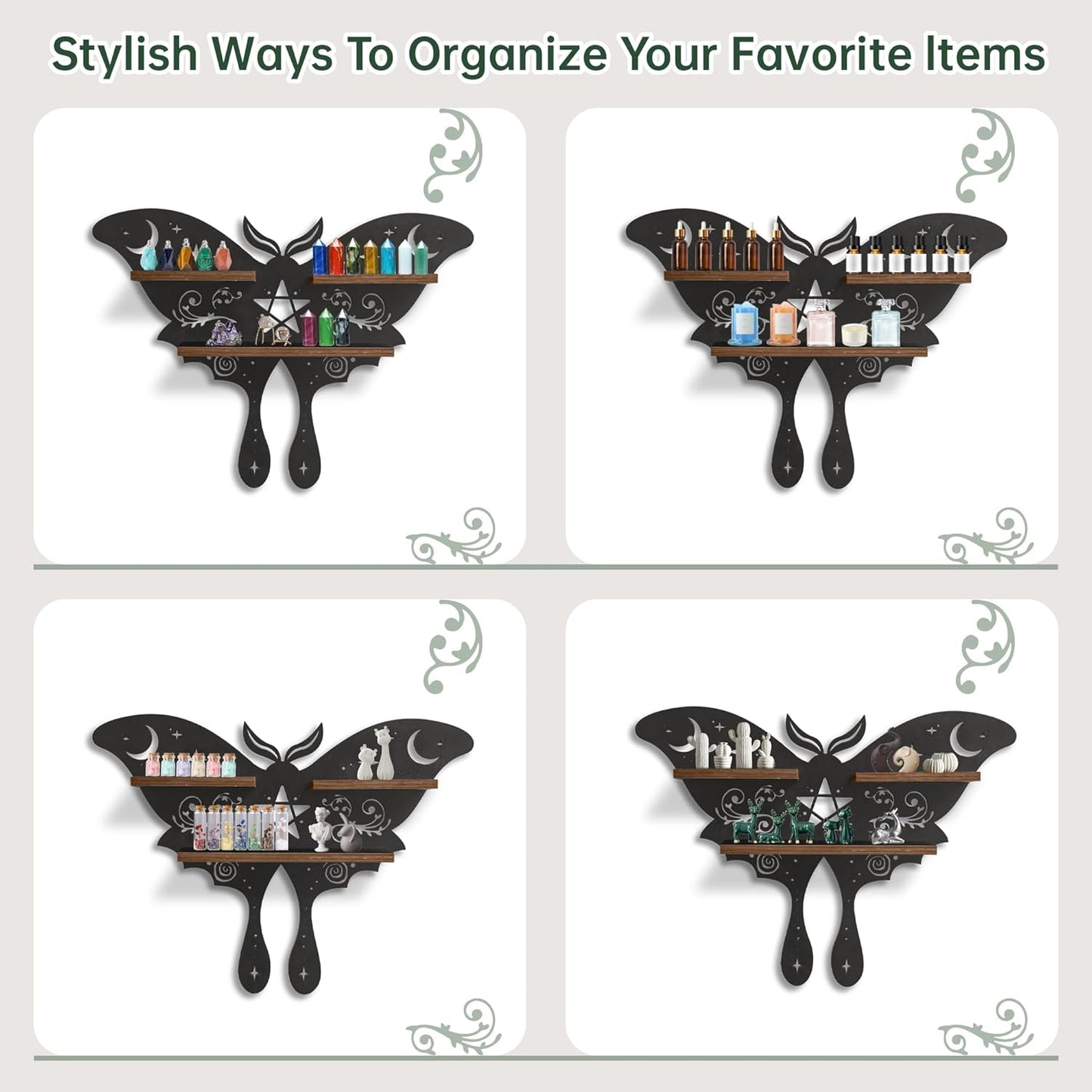 Moth of the Moon Crystal Display Shelf – Wooden Wall-Mounted Organizer for Crystals, Essential Oils & Witchy Home Décor (Style A)