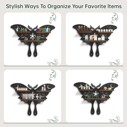 Moth of the Moon Crystal Display Shelf – Wooden Wall-Mounted Organizer for Crystals, Essential Oils & Witchy Home Décor (Style A)