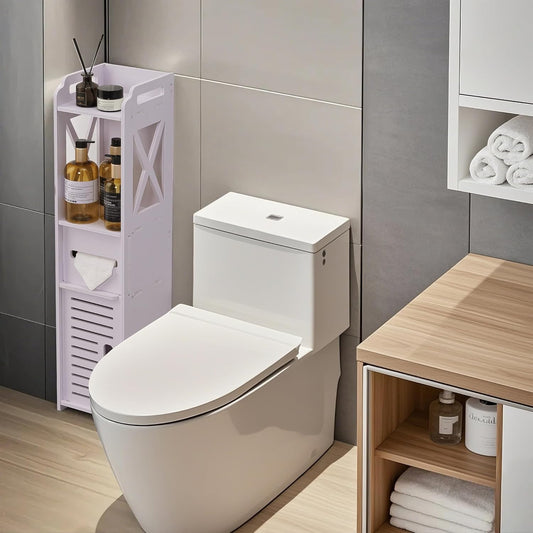 VECELO Pearl White Bathroom Corner Cabinet – Farmhouse-Style Short Storage Shelf with Magnetic Door & Toilet Paper Holder