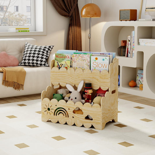 Montessori 2-Tier Wooden Bookshelf – Toddler Book Rack & Toy Storage for Nursery, Kids' Room