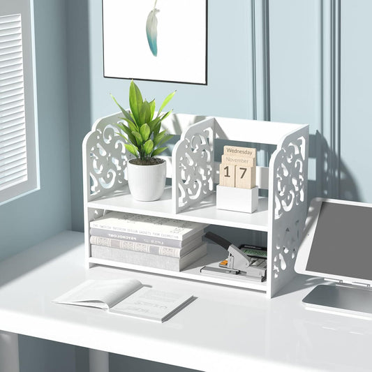 TY ARTS & CULTURE Vintage Hollow Pattern Desktop Organizer – White Desk Storage Rack for Home, Office, and Study Tables