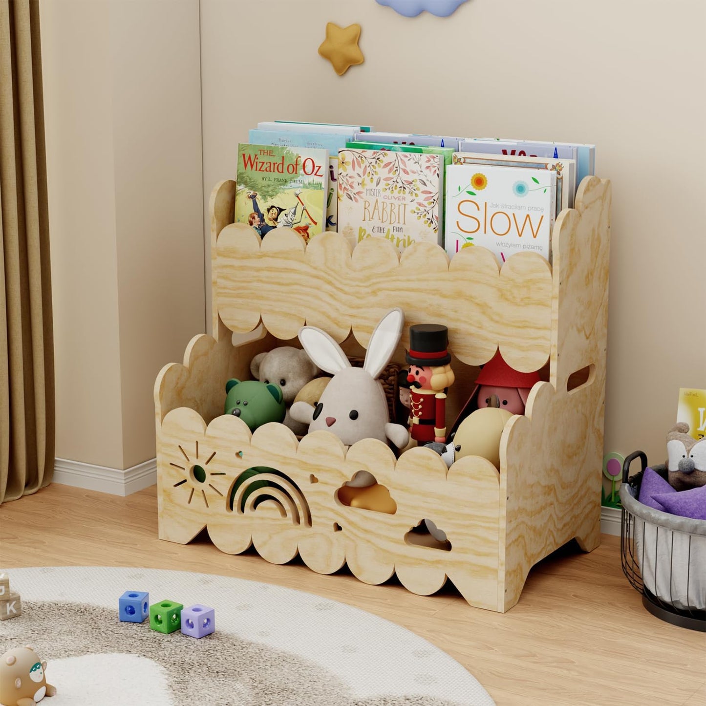 Montessori 2-Tier Wooden Bookshelf – Toddler Book Rack & Toy Storage for Nursery, Kids' Room