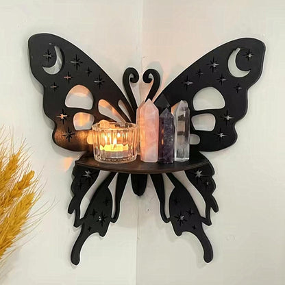Bohemian Butterfly Moon & Star Corner Shelf – Black Wooden Floating Wall Shelf for Bedroom, Living Room & Office Décor