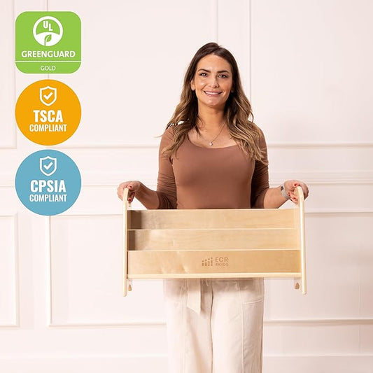 ECR4Kids 2-Tier Tabletop Book Display – Natural Wooden Beginner Bookshelf with Handles for Classroom, Nursery & Playroom