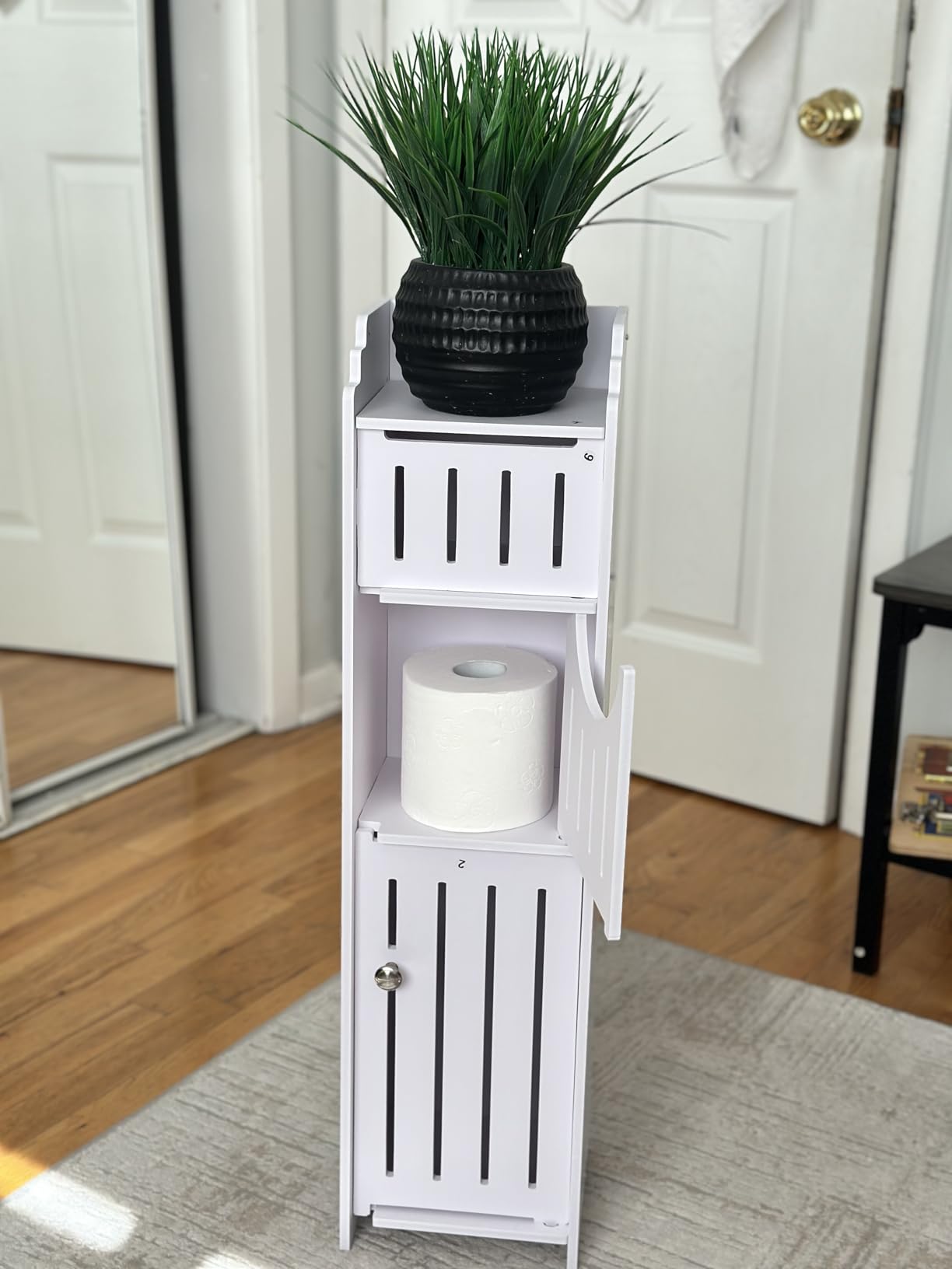 Compact Corner Bathroom Cabinet – Pearl White Farmhouse Storage Unit with Toilet Paper Holder for Narrow Spaces