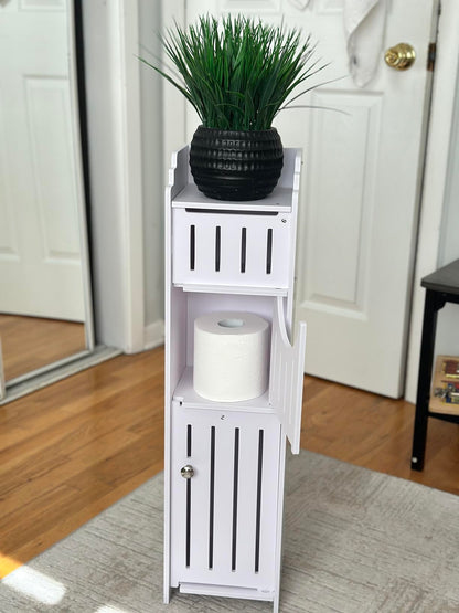 Compact Corner Bathroom Cabinet – Pearl White Farmhouse Storage Unit with Toilet Paper Holder for Narrow Spaces