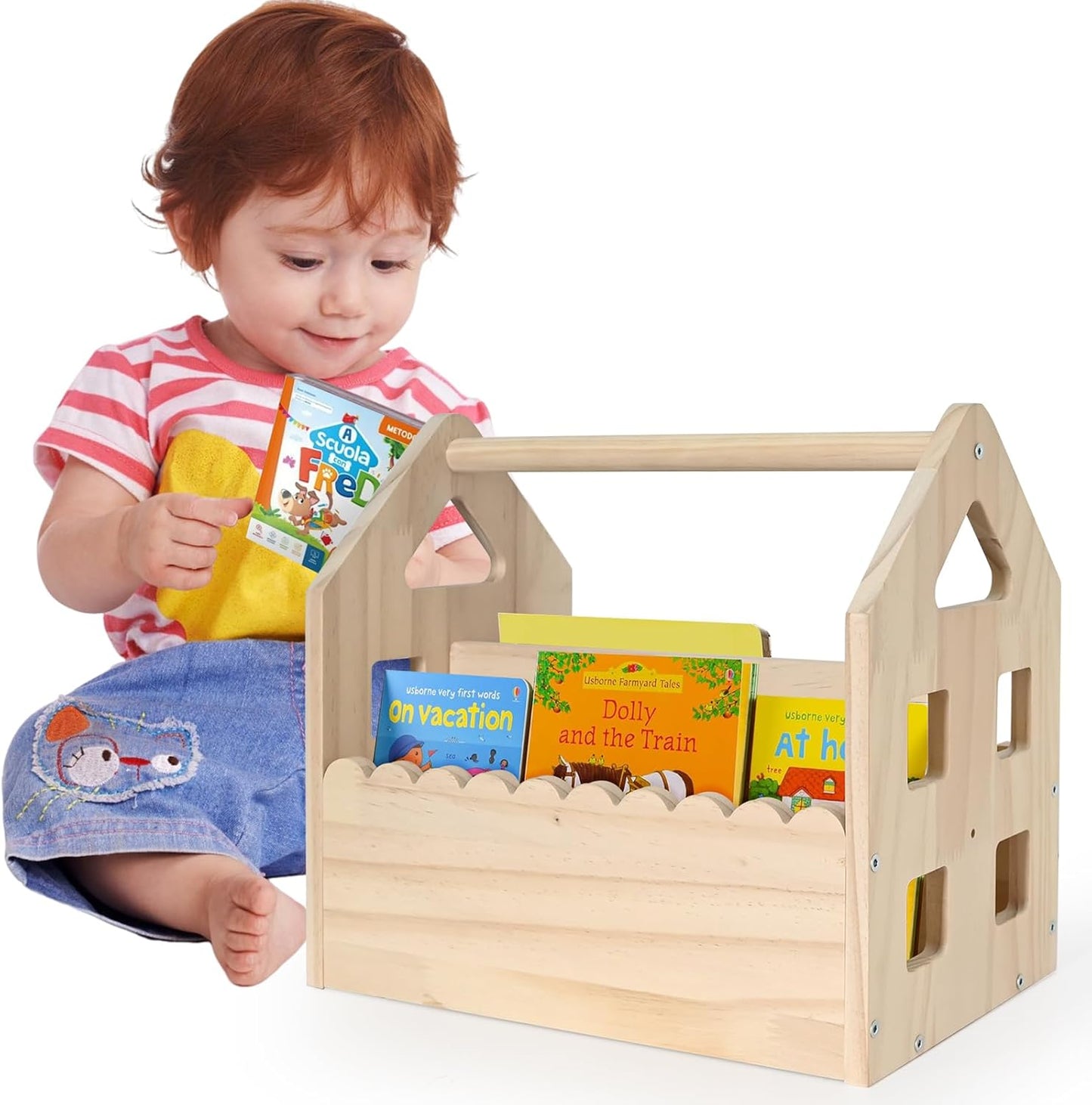 Montessori Wooden Double-Sided Bookshelf – Scalloped House Shape Bookcase for Toddlers (Ages 1-5), Cute & Compact Nursery Storage