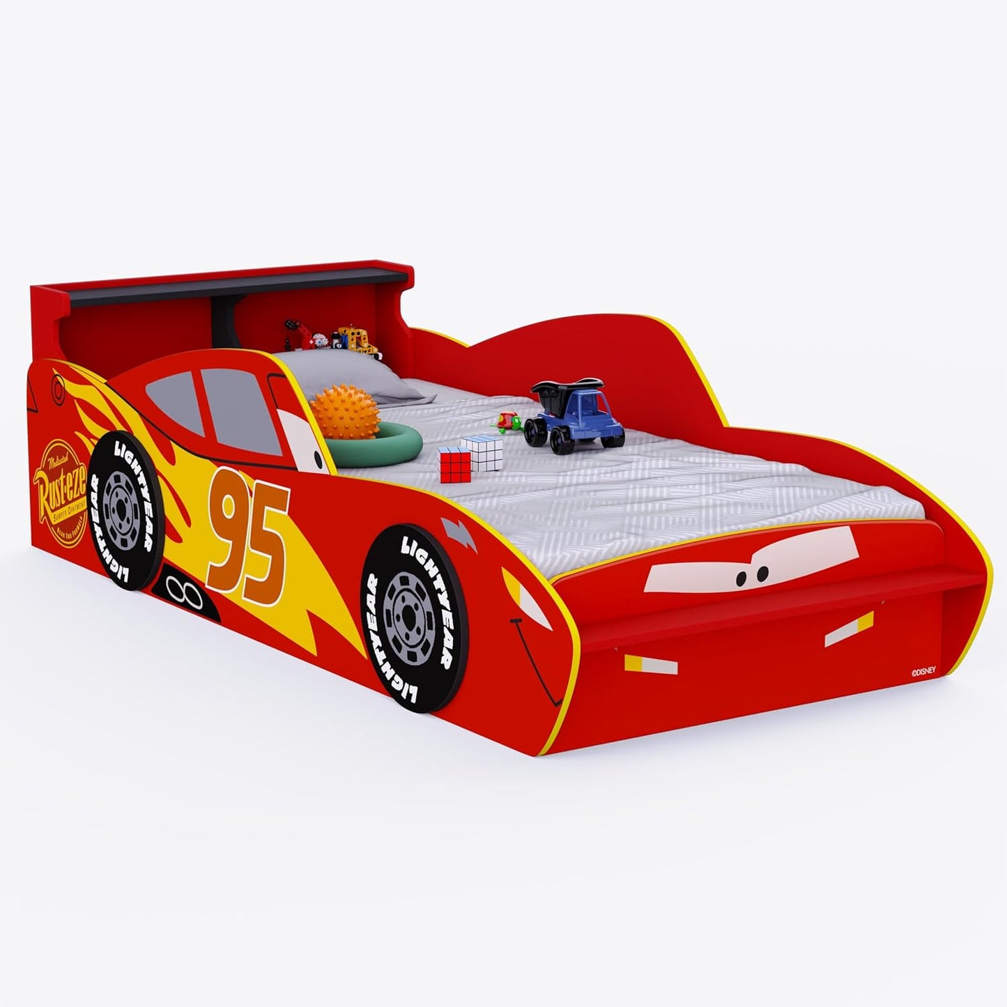 Lightning McQueen Kids Race Car Bed – Matte Finish Single Bed with Cubbies | 72x36 Inch Mattress | 150kg Capacity | 12-Month Warranty