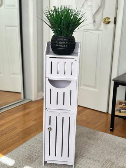 Compact Corner Bathroom Cabinet – Pearl White Farmhouse Storage Unit with Toilet Paper Holder for Narrow Spaces
