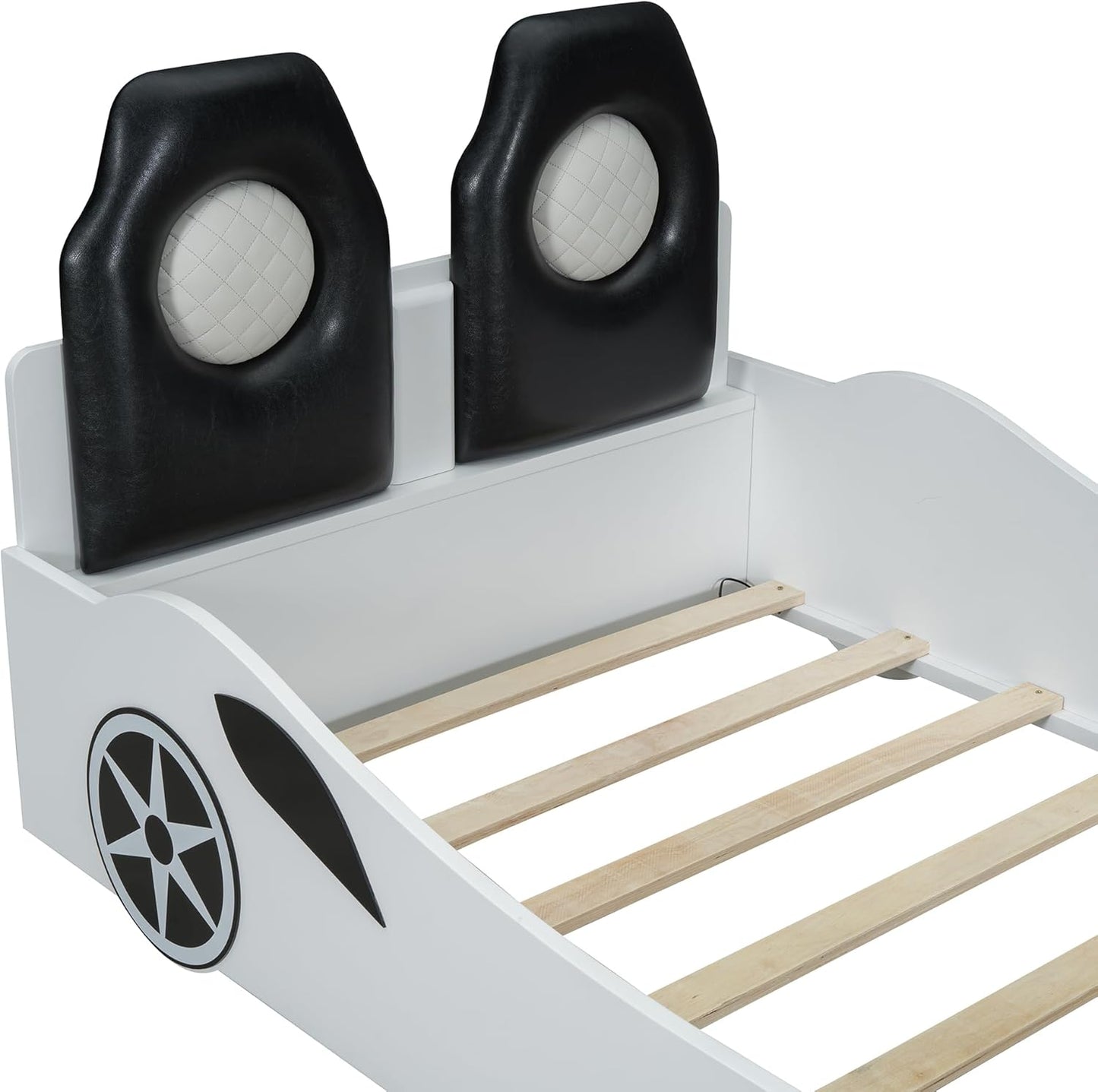 Twin Size Blue Race Car Bed with LED Lights & Upholstered Backrest – Solid Wood Car-Shaped Platform Bed Frame with Dual Seats for Kids & Teens Bedroom