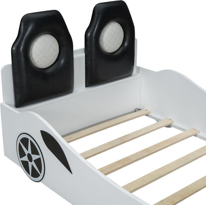 Twin Size Blue Race Car Bed with LED Lights & Upholstered Backrest – Solid Wood Car-Shaped Platform Bed Frame with Dual Seats for Kids & Teens Bedroom