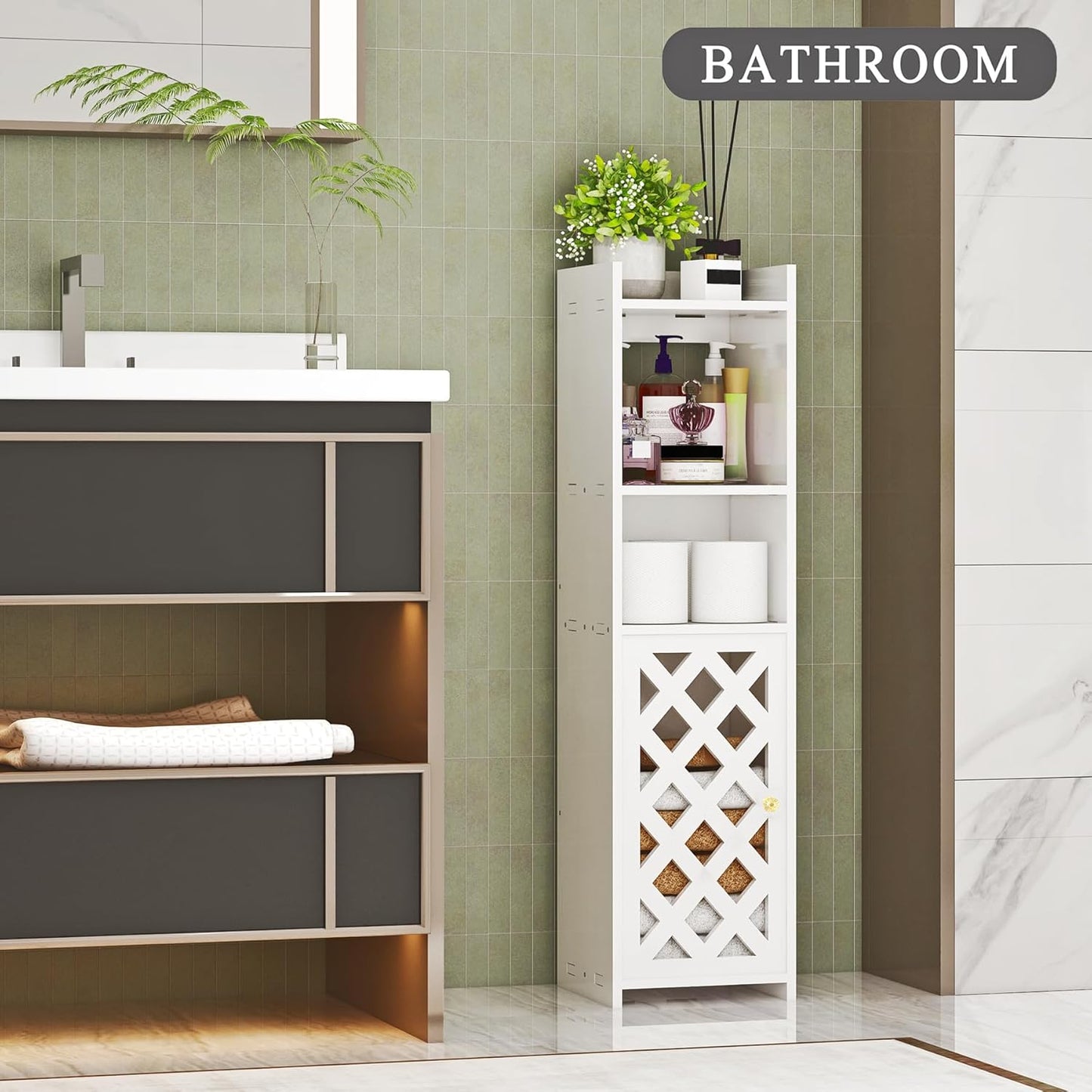 BYFU 4-Tier Slim Bathroom Storage Cabinet – Freestanding White Floor Organizer with Door & Open Shelves for Bathroom, Kitchen, or Living Room