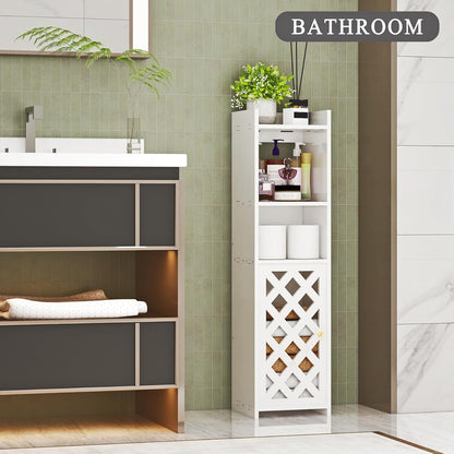 BYFU 4-Tier Slim Bathroom Storage Cabinet – Freestanding White Floor Organizer with Door & Open Shelves for Bathroom, Kitchen, or Living Room