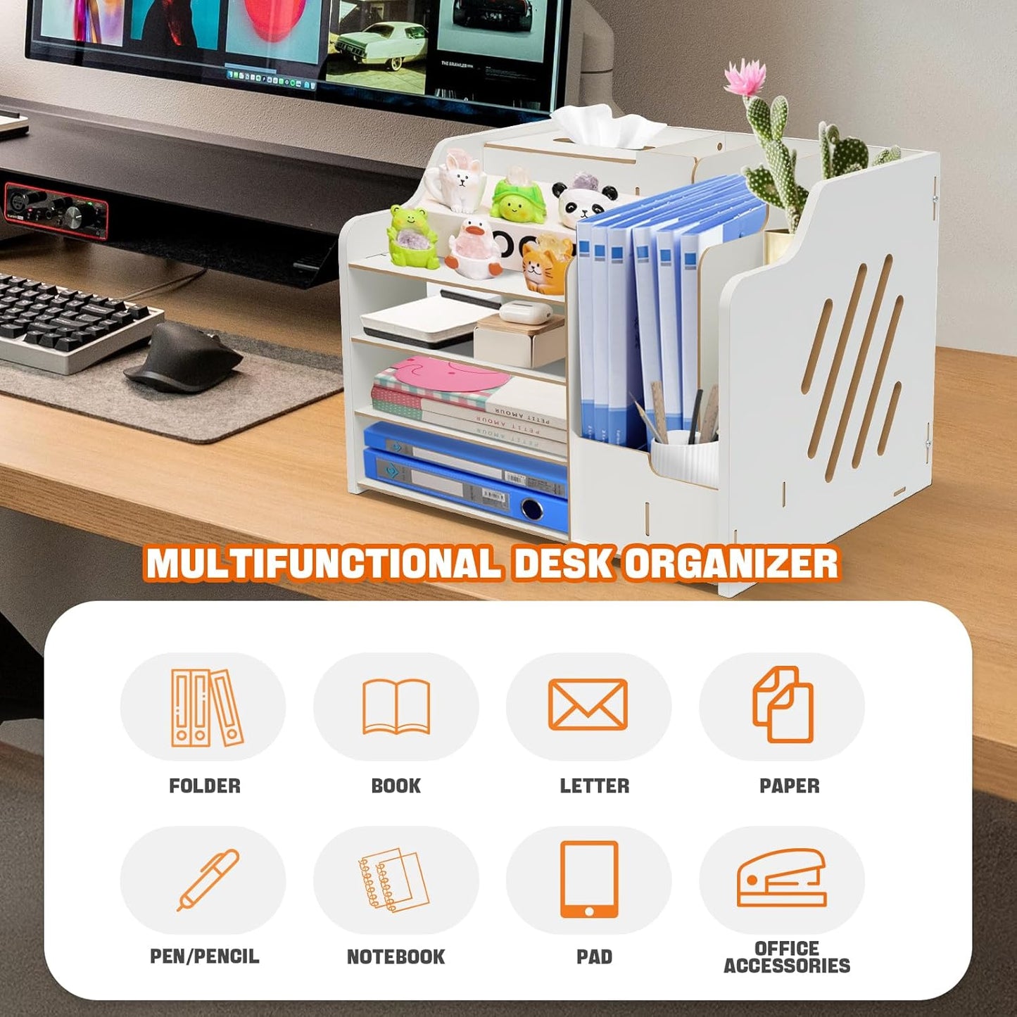 4-Layer Wooden Desktop Organizer with Tissue Box & Pen Holder – White Office Desk Storage Rack for Stationery, Files & Accessories