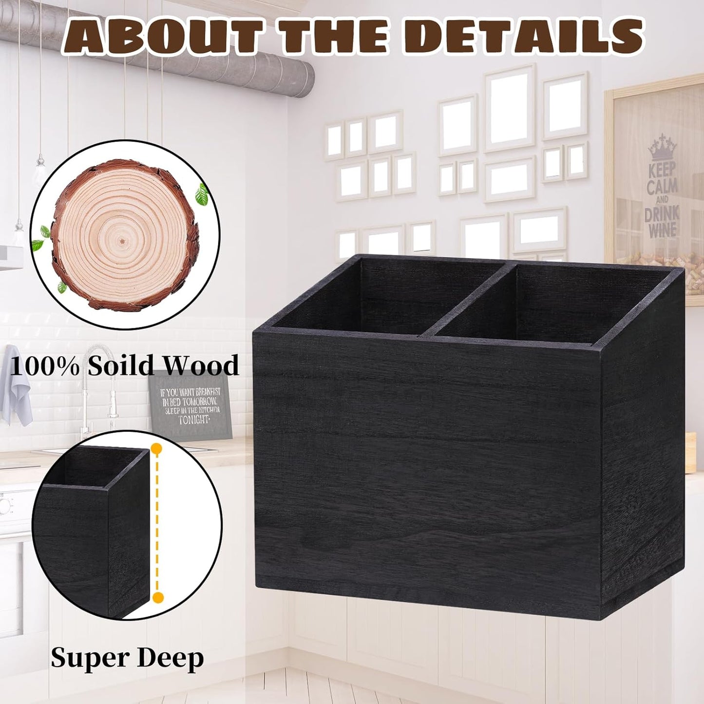 100% Solid Wood Kitchen Utensil Holder – Black Countertop Organizer for Spoons & Tools