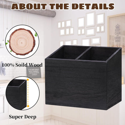 100% Solid Wood Kitchen Utensil Holder – Black Countertop Organizer for Spoons & Tools