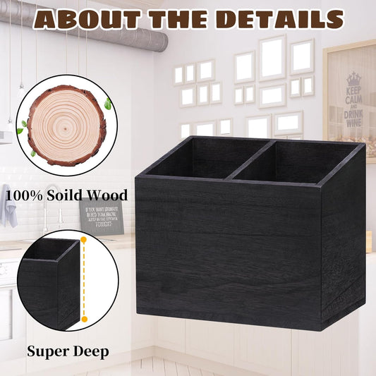 100% Solid Wood Kitchen Utensil Holder – Black Countertop Organizer for Spoons & Tools