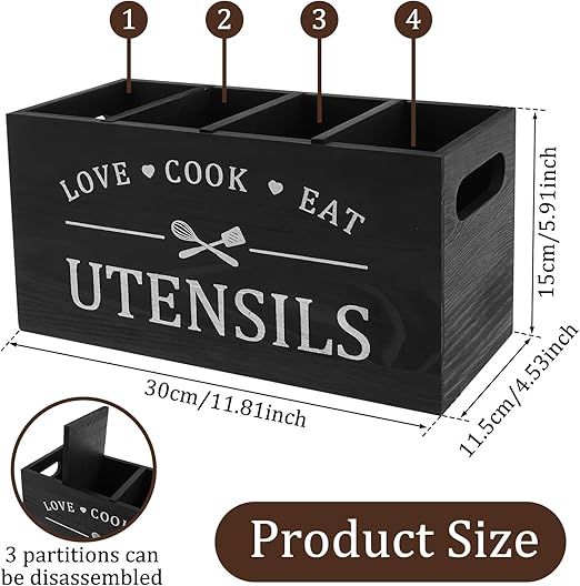 Multi-Use Wooden Utensil Organizer – Farmhouse Kitchen Caddy with 4 Slots & Handles