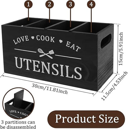Multi-Use Wooden Utensil Organizer – Farmhouse Kitchen Caddy with 4 Slots & Handles