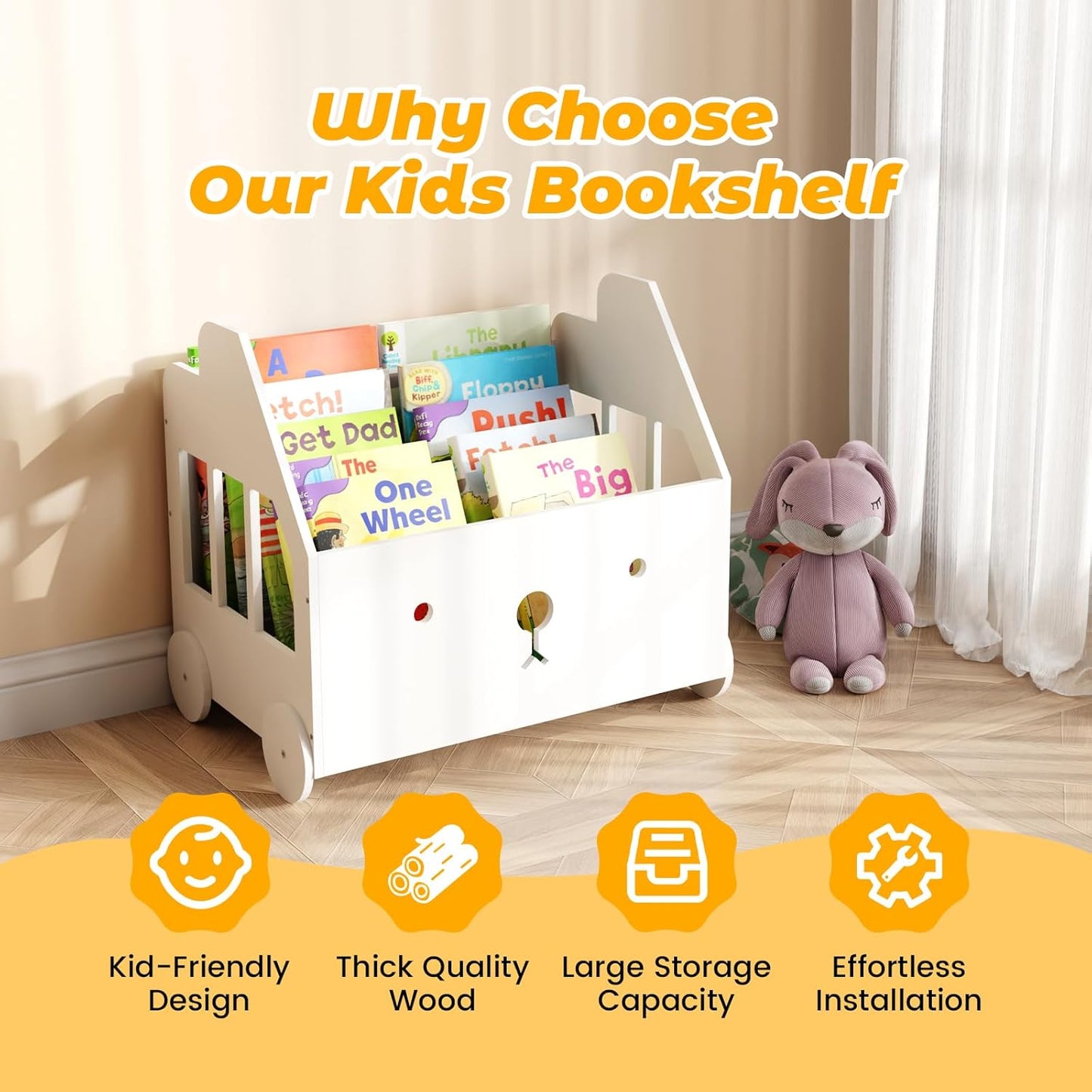 Montessori Wooden Kids Bookshelf – Nursery & Toddler Book Display Shelf with 4 Adjustable Dividers for Bedroom, Playroom & Classroom Storage