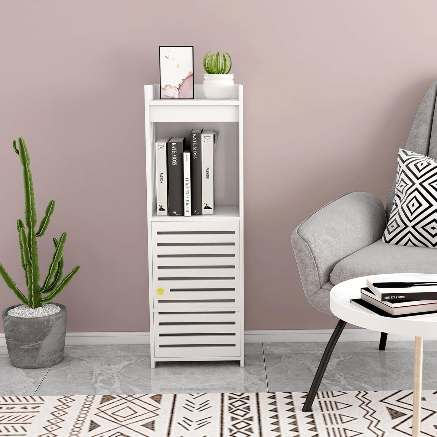 Slim 4-Tier Bathroom Storage Cabinet – Narrow Organizer with Door & Open Shelves for Small Spaces