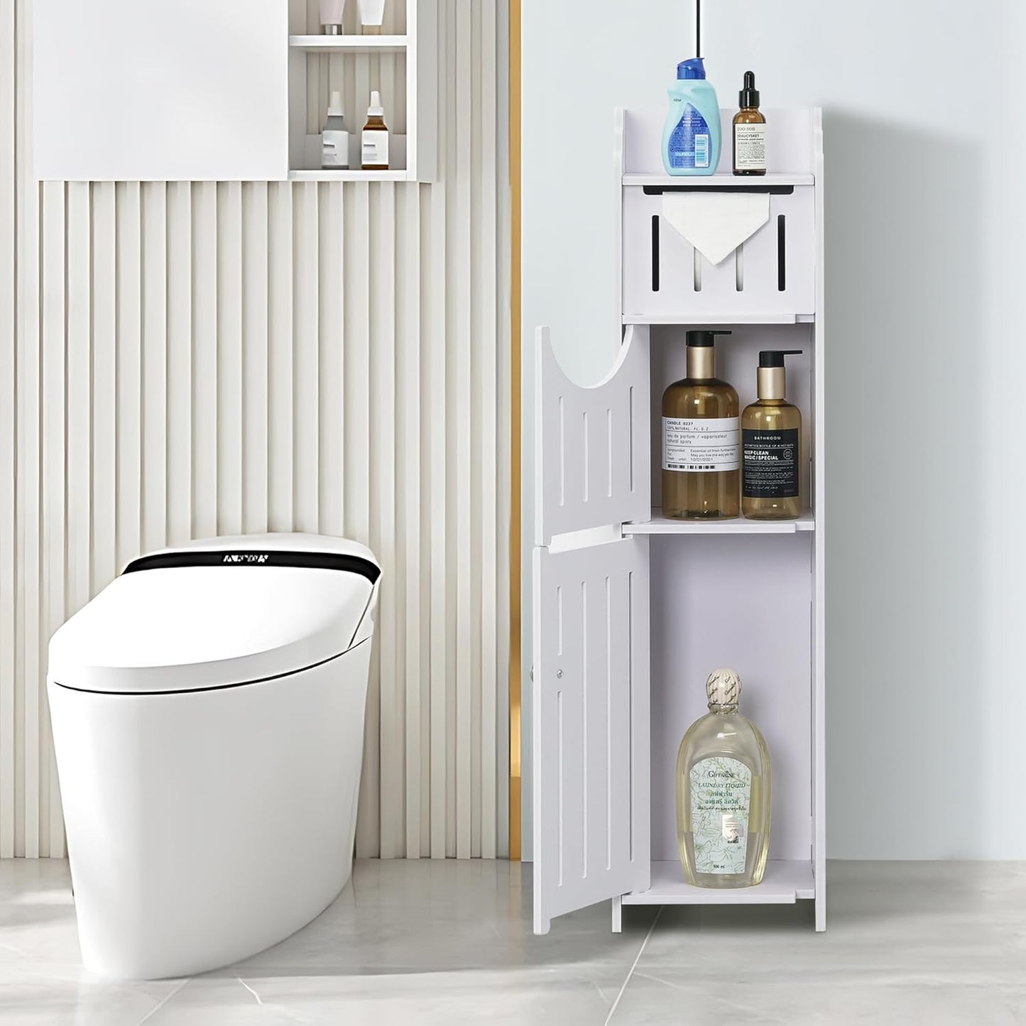 Compact Corner Bathroom Cabinet – Pearl White Farmhouse Storage Unit with Toilet Paper Holder for Narrow Spaces