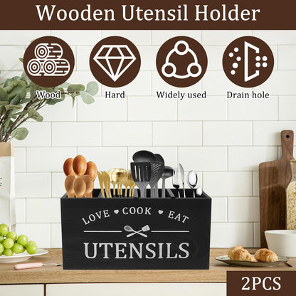 Multi-Use Wooden Utensil Organizer – Farmhouse Kitchen Caddy with 4 Slots & Handles
