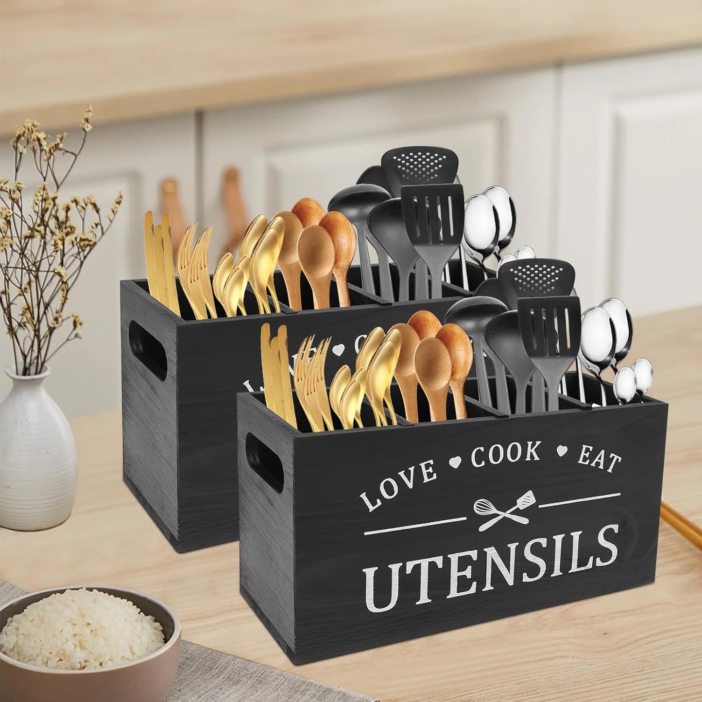 Multi-Use Wooden Utensil Organizer – Farmhouse Kitchen Caddy with 4 Slots & Handles