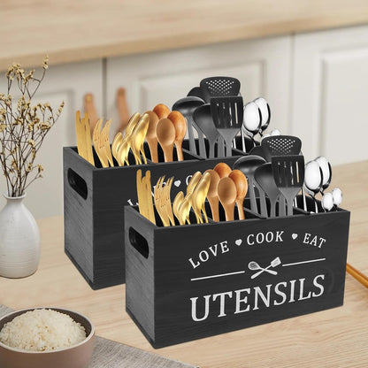 Multi-Use Wooden Utensil Organizer – Farmhouse Kitchen Caddy with 4 Slots & Handles