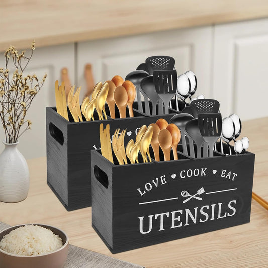 Multi-Use Wooden Utensil Organizer – Farmhouse Kitchen Caddy with 4 Slots & Handles