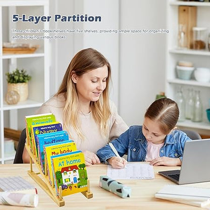 Tabletop Book Organizer Rack – Wooden Book Shelf for Kids, Students & Office Desk