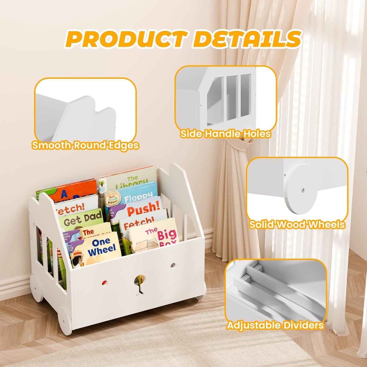 Montessori Wooden Kids Bookshelf – Nursery & Toddler Book Display Shelf with 4 Adjustable Dividers for Bedroom, Playroom & Classroom Storage