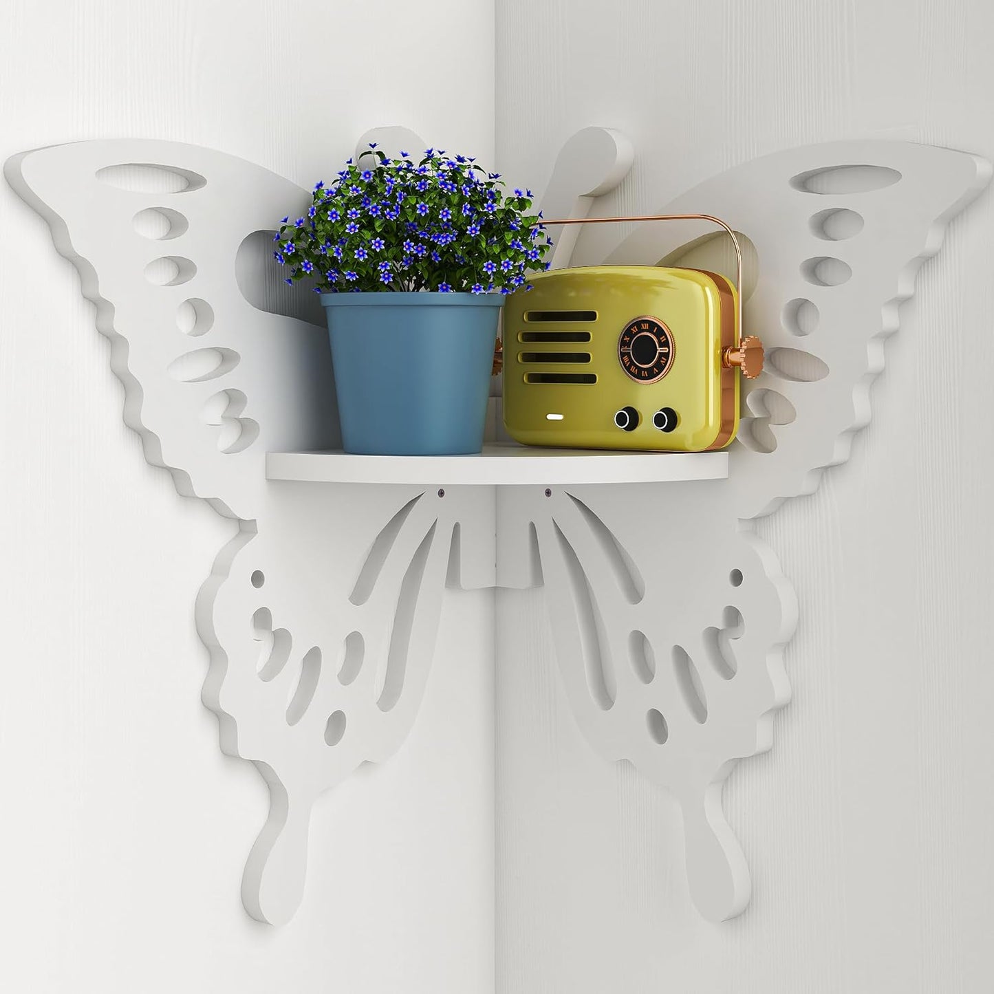 Butterfly Corner Wall Shelf – Cute White Floating Shelf for Nursery, Kids’ Room & Home Decor | Hollow Design Decorative Wall Storage