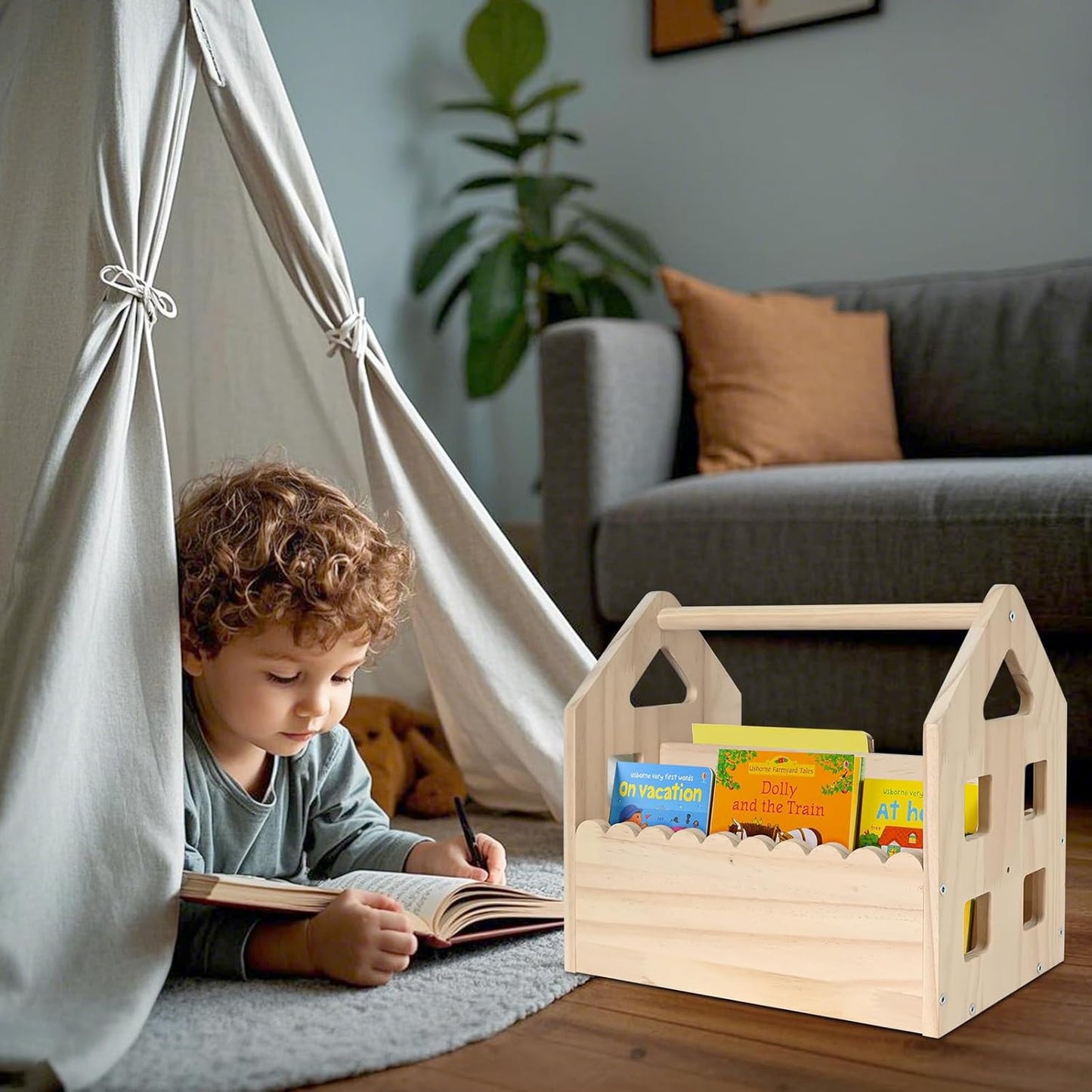 Montessori Wooden Double-Sided Bookshelf – Scalloped House Shape Bookcase for Toddlers (Ages 1-5), Cute & Compact Nursery Storage