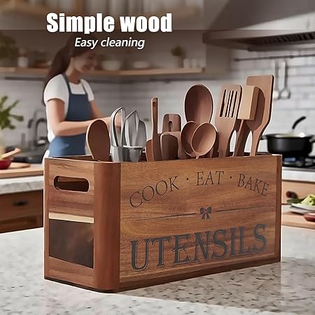 Countertop Wooden Utensil Organizer – Simple, Easy to Clean Storage Box