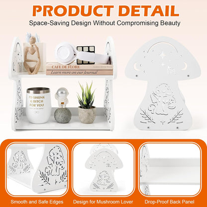 Mini Mushroom Desktop Organizer – Cute White Wooden Shelf for Books, Stationery & Decor | Small Desk Storage Rack for Kids & Women