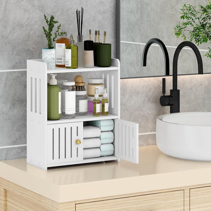 3-Tier White Bathroom Countertop Organizer with Doors – Storage Shelf.