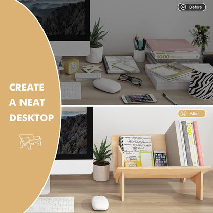 Wooden Tabletop Bookshelf – Compact Desktop Book Organizer & Cookbook Shelf for Office, Bedroom, or Living Room (Burlywood Finish)