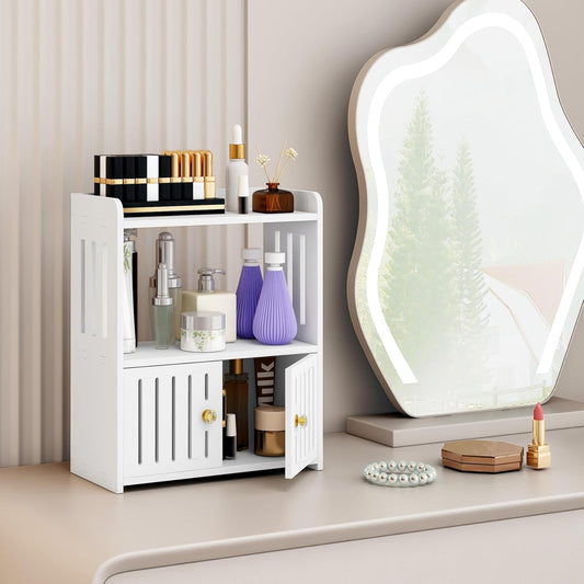 3-Tier White Bathroom Countertop Organizer with Doors – Storage Shelf.