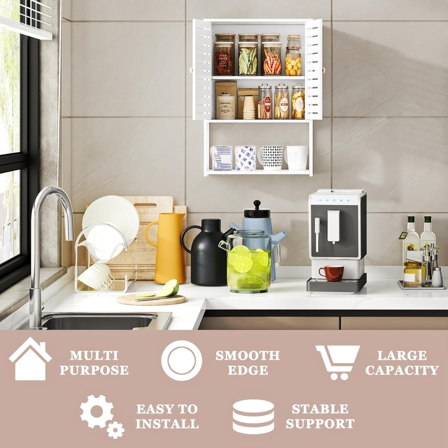 3-Tier Wall Cabinet with Doors – White Bathroom & Kitchen Organizer