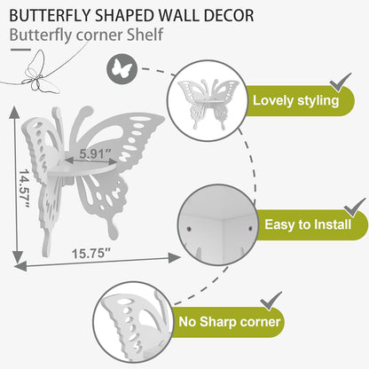 Butterfly Corner Wall Shelf – Cute White Floating Shelf for Nursery, Kids’ Room & Home Decor | Hollow Design Decorative Wall Storage