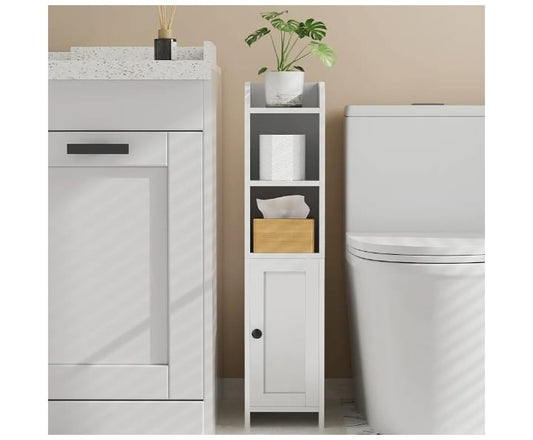 Elegant White Slim Bathroom Storage Cabinet – Multi-Functional Shelf with Door