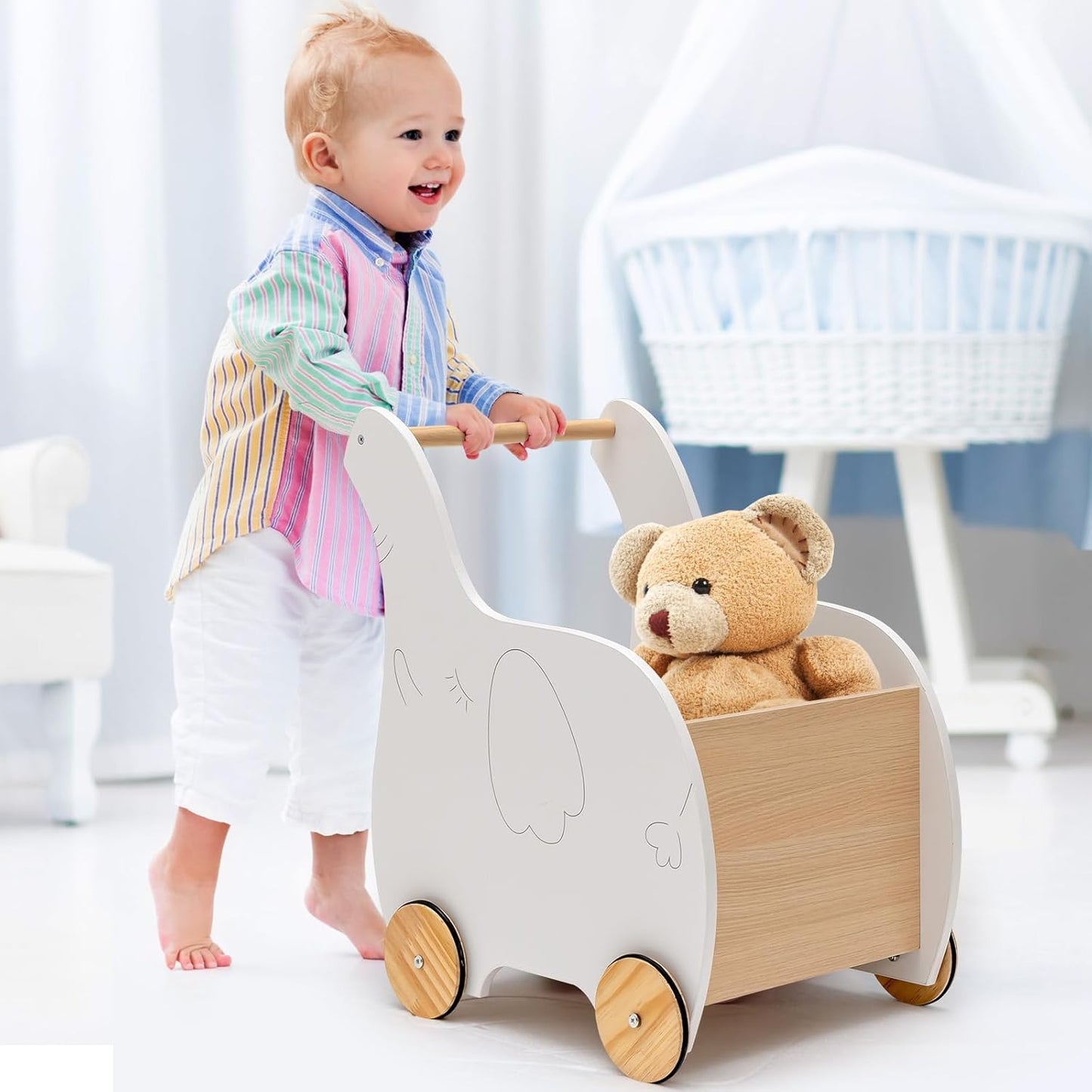 Wooden Baby Walker Dinosaur Cart – Push Toy with Storage for Toddlers