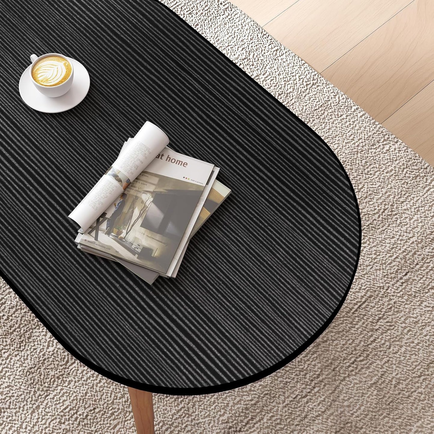 Oval MDF Coffee Table – Low Floor Sitting Table with 4 Solid Wood Legs for Living Room, Bedroom & Study Area