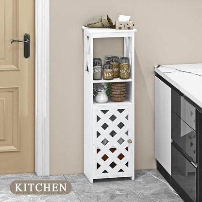 5-Tier White Bathroom Floor Cabinet with Door & Open Shelf – Space-Saving Storage.