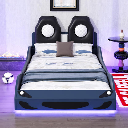 Twin Size Blue Race Car Bed with LED Lights & Upholstered Backrest – Solid Wood Car-Shaped Platform Bed Frame with Dual Seats for Kids & Teens Bedroom