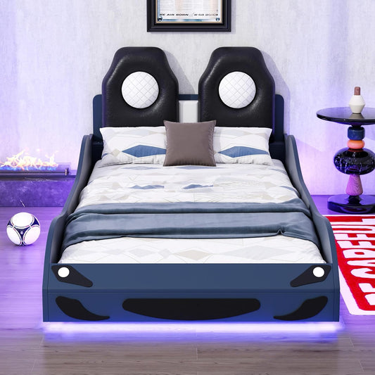 Twin Size Blue Race Car Bed with LED Lights & Upholstered Backrest – Solid Wood Car-Shaped Platform Bed Frame with Dual Seats for Kids & Teens Bedroom