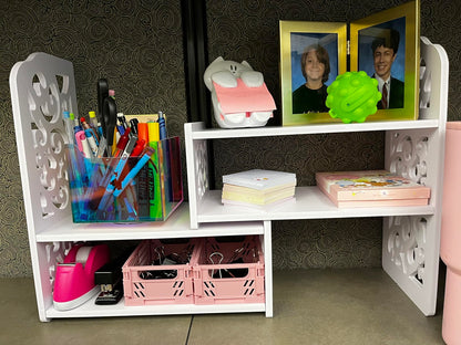 Mini White Desktop Bookshelf – Cute & Versatile Office Desk Organizer for Women & Kids | Small Storage Shelf for Study, Makeup, or Decor