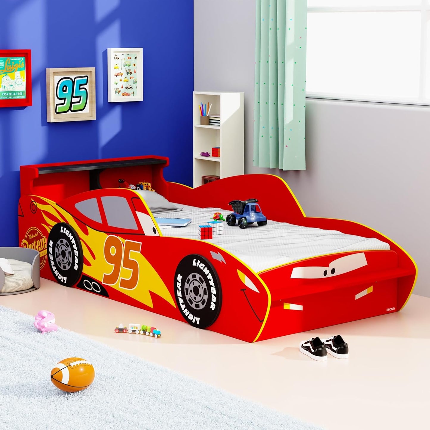 Lightning McQueen Kids Race Car Bed – Matte Finish Single Bed with Cubbies | 72x36 Inch Mattress | 150kg Capacity | 12-Month Warranty