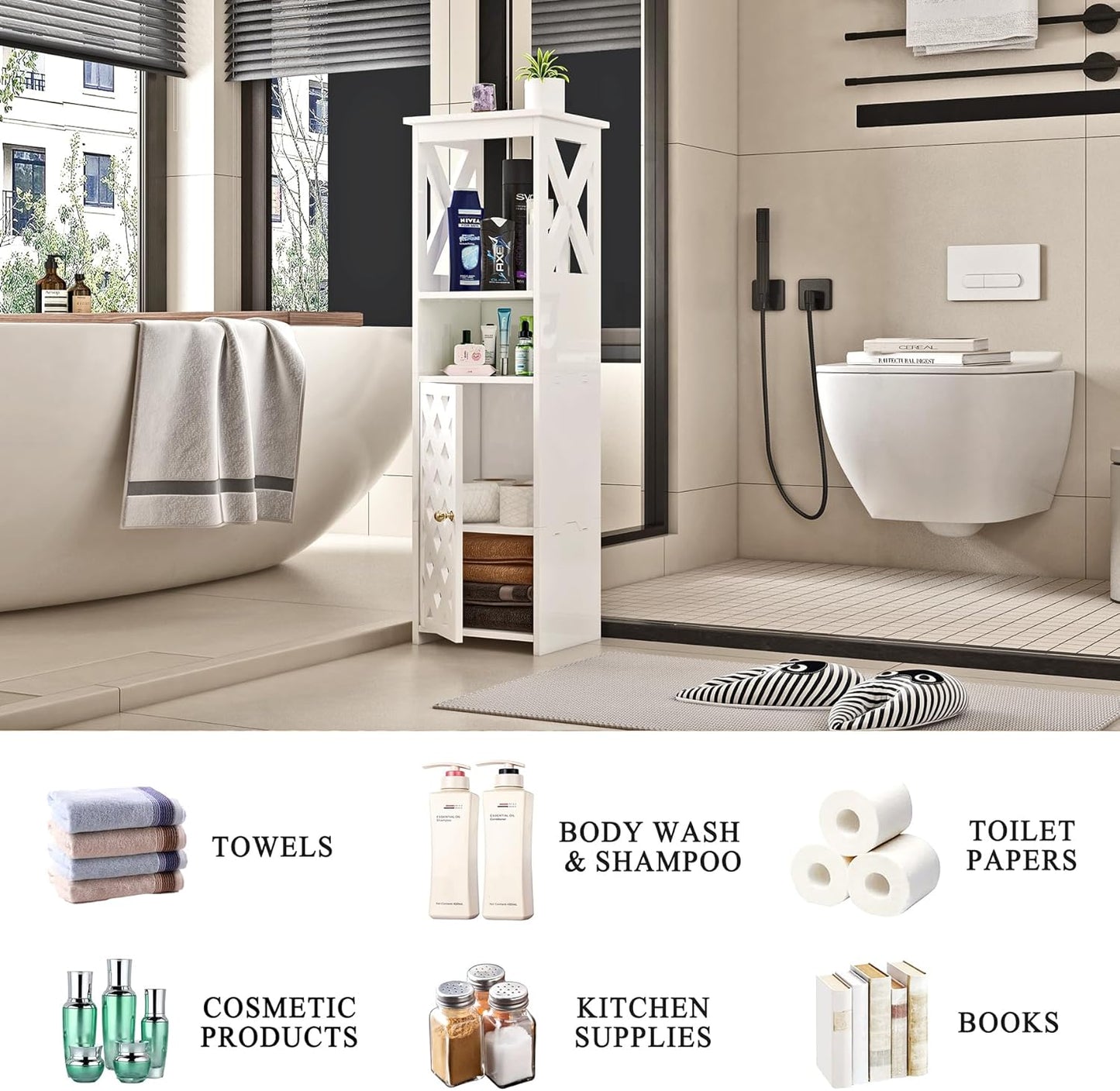 5-Tier White Bathroom Floor Cabinet with Door & Open Shelf – Space-Saving Storage.